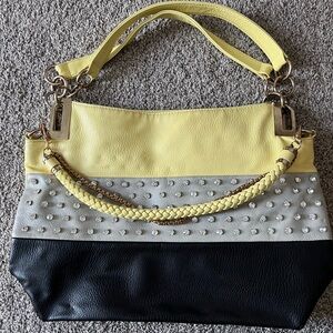 Artisanal Yellow, Gray, and Black Studded Women's Bag